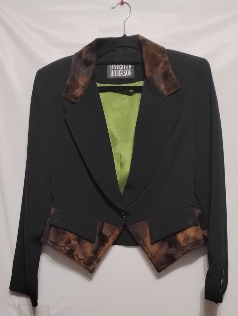 Vintage Hairston Roberson Black Cropped Jacket with Brown Faux-Fur Trim